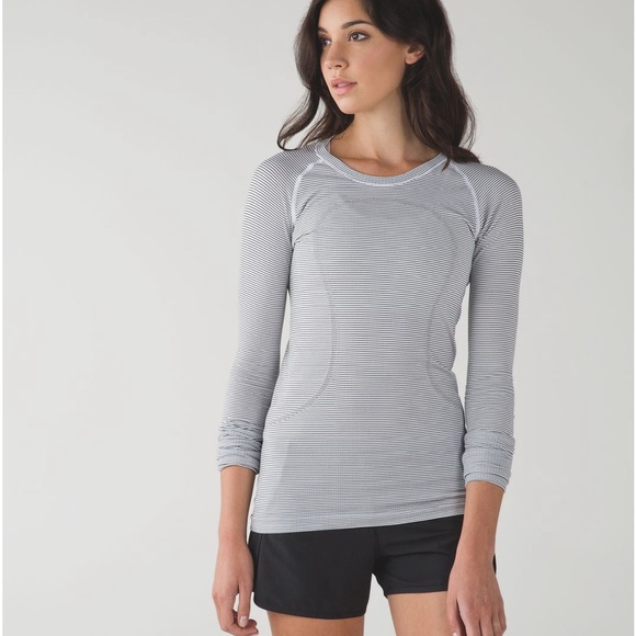 Lululemon Run: Swiftly Tech Long Sleeve Crew Tempo Stripe White Black - Picture 1 of 4